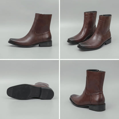 FORCIANO AURESTO brown height increasing boots with smooth microfiber upper shown in a four-view collage with side, pair, outsole and rear angles.