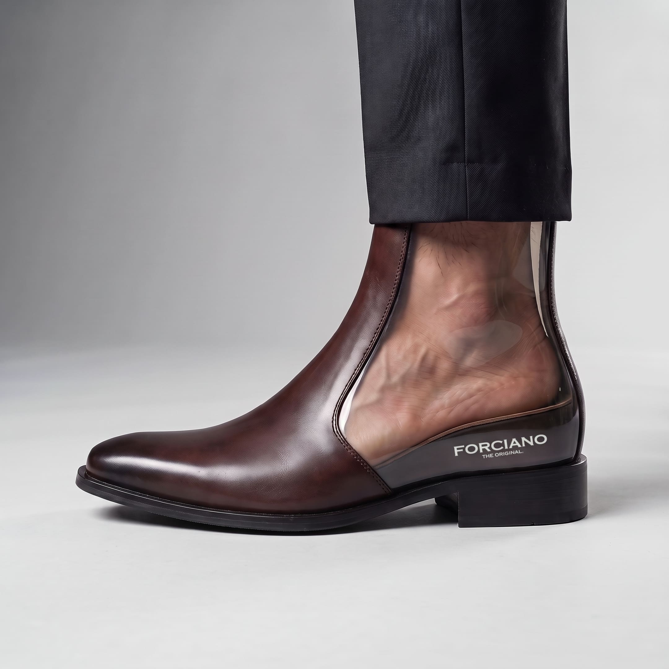 FORCIANO AURESTO brown height increasing boot shown worn in a side cutaway view, illustrating the discreet height increase inside the boot.