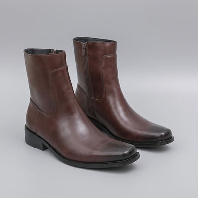 FORCIANO AURESTO brown height increasing boots with smooth microfiber upper shown as a pair from a front three-quarter angle.