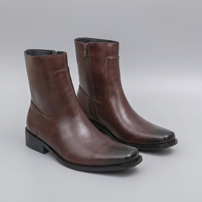 FORCIANO AURESTO brown height increasing boots with smooth microfiber upper shown as a pair from a front three-quarter angle.