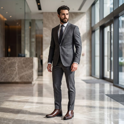 FORCIANO AURESTO brown height increasing boots with smooth microfiber upper worn by a male model with a gray formal suit.