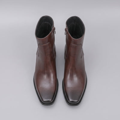 FORCIANO AURESTO brown height increasing boots with smooth microfiber upper shown as a pair from above with openings and side zippers visible.
