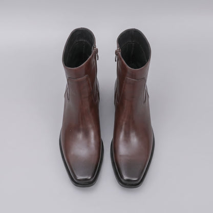 FORCIANO AURESTO brown height increasing boots with smooth microfiber upper shown as a pair from above with openings and side zippers visible.