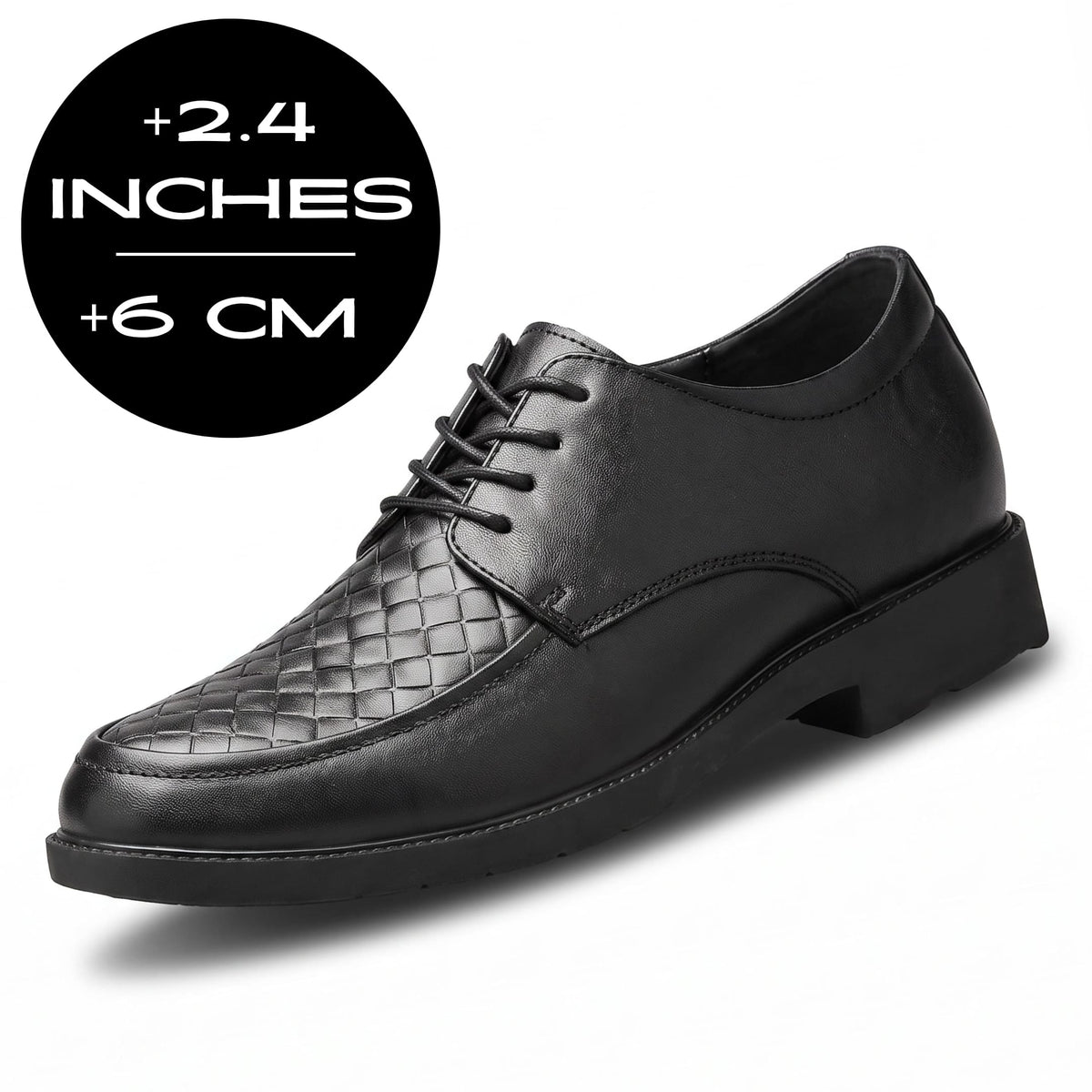 FORCIANO AUTHORITY Height Increasing Shoes in Black premium leather, shown from a front angle with a 2.4" / 6 cm height graphic.