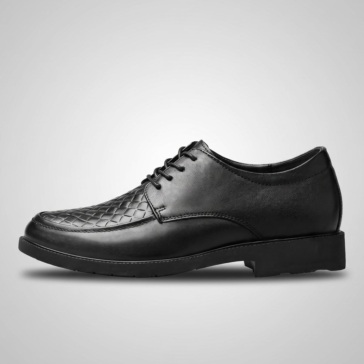 FORCIANO AUTHORITY Height Increasing Shoes in Black premium leather, shown in a full side profile with woven front detailing.