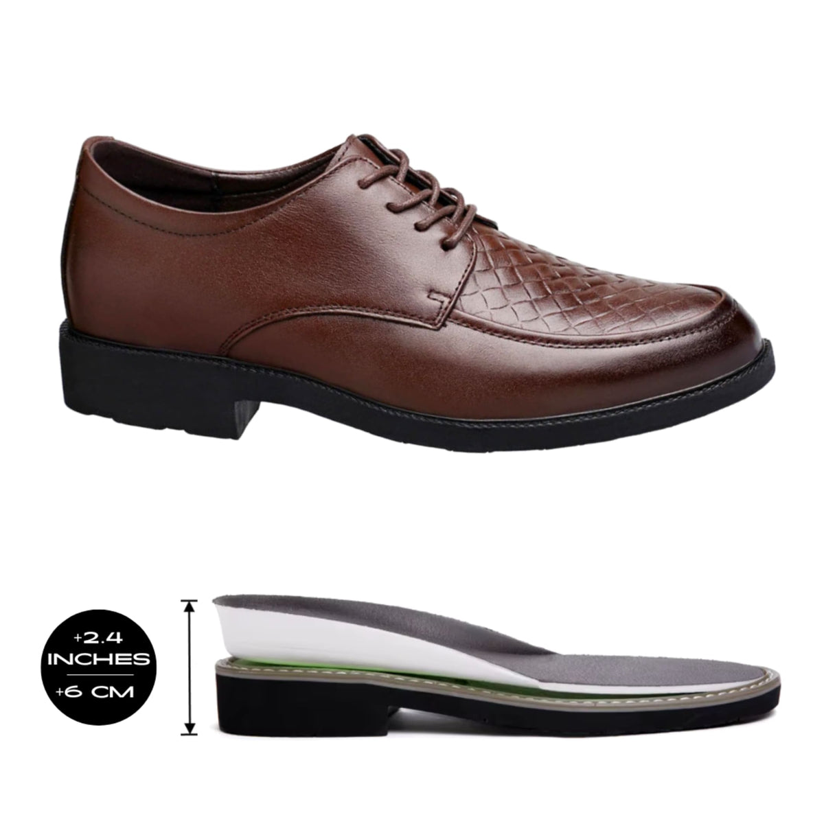 FORCIANO AUTHORITY Height Increasing Shoes in Brown premium leather, shown beside the internal lift structure with a 2.4" / 6 cm height graphic.