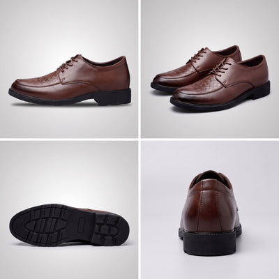 FORCIANO AUTHORITY Height Increasing Shoes in Brown premium leather, shown in a multi-view layout with side, pair, outsole and rear views.