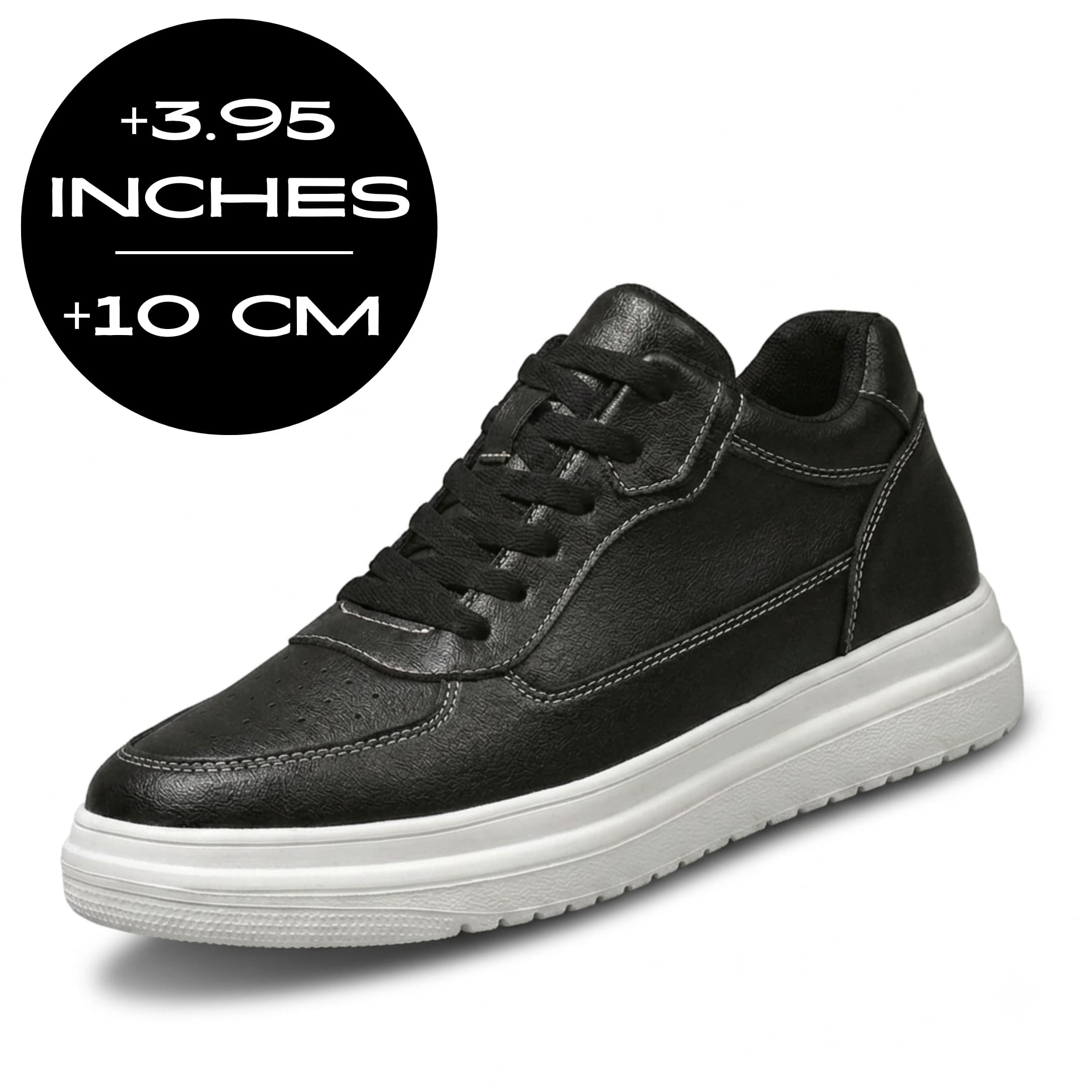 FORCIANO AVERY black height increasing shoes for women with premium leather upper and height graphic displaying up to 10 cm / 3.95 inches.