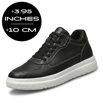 FORCIANO AVERY black height increasing shoes for women with premium leather upper and height graphic displaying up to 10 cm / 3.95 inches.