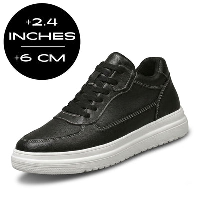 FORCIANO AVERY black height increasing shoes for women with premium leather upper, contrast stitching and visible 6 cm / 2.4 inches height graphic.