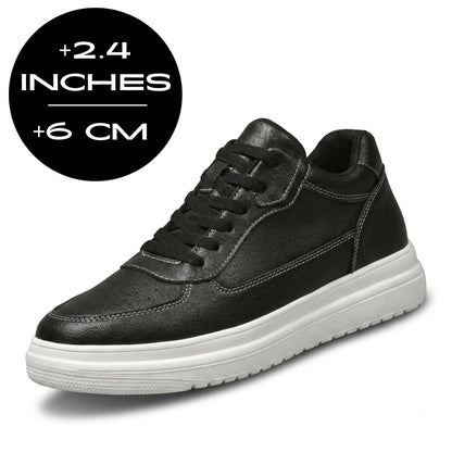 FORCIANO AVERY black height increasing shoes for women with premium leather upper, contrast stitching and visible 6 cm / 2.4 inches height graphic.
