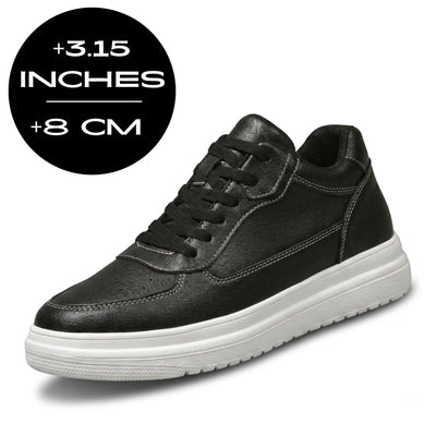 FORCIANO AVERY black height increasing sneakers for women with premium leather upper, white sole and 8 cm / 3.15 inches height graphic.