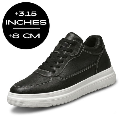 FORCIANO AVERY black height increasing sneakers for women with premium leather upper, white sole and 8 cm / 3.15 inches height graphic.