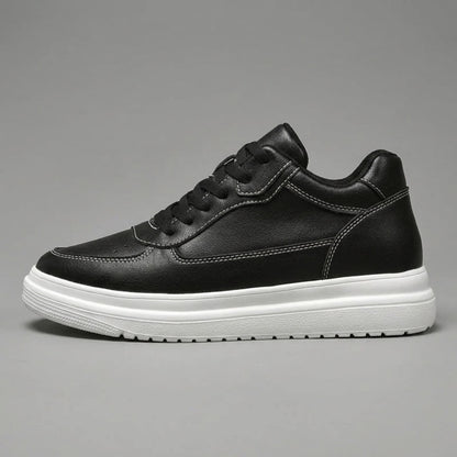 FORCIANO AVERY black height increasing shoes for women shown in side profile with premium leather upper, contrast stitching and white sole.
