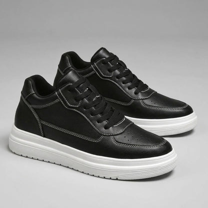 FORCIANO AVERY black sneakers for women in a front three-quarter pair view, featuring premium leather uppers, contrast stitching and white soles.