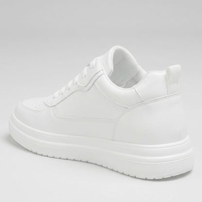 FORCIANO AVERY white height increasing sneaker for women shown from the rear three-quarter angle with premium leather upper and layered white sole.