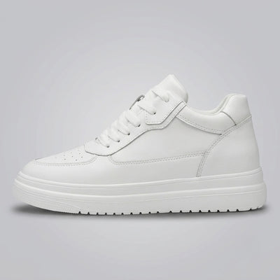 FORCIANO AVERY white height increasing shoes for women in side profile, featuring a premium leather upper and white platform-style sole.