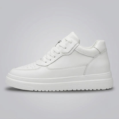 FORCIANO AVERY white height increasing shoes for women in side profile, featuring a premium leather upper and white platform-style sole.