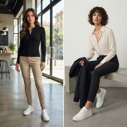 FORCIANO AVERY white height increasing sneakers shown worn by women in standing and seated lifestyle views, featuring a premium leather upper.