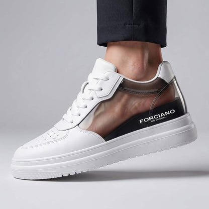 FORCIANO AVERY white hidden heel shoes for women shown on foot in cutaway view, revealing the internal lift beneath the premium leather upper.