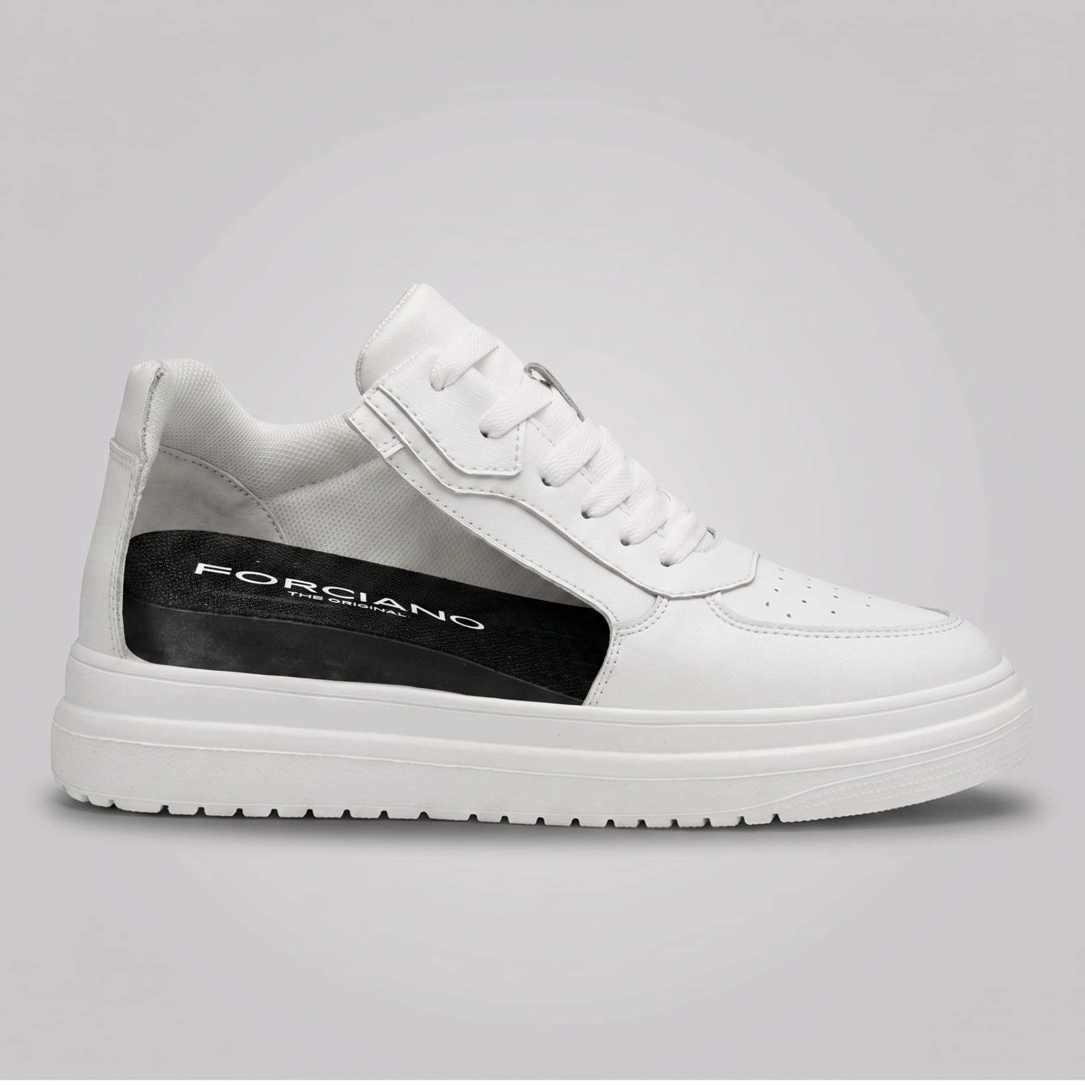 FORCIANO AVERY white height increasing shoes for women in cutaway side view, showing the internal lift beneath the premium leather upper.