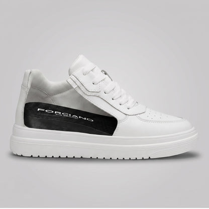 FORCIANO AVERY white height increasing shoes for women in cutaway side view, showing the internal lift beneath the premium leather upper.