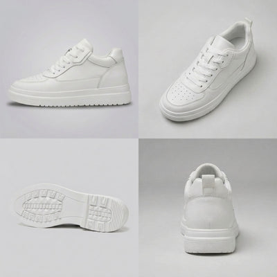 FORCIANO AVERY white height increasing shoes for women in a multi-view collage showing side, front-angle, outsole and rear views with premium leather upper.