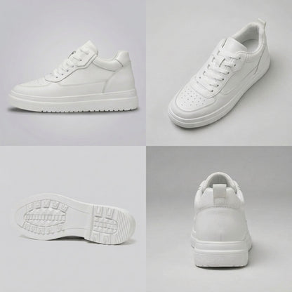 FORCIANO AVERY white height increasing shoes for women in a multi-view collage showing side, front-angle, outsole and rear views with premium leather upper.