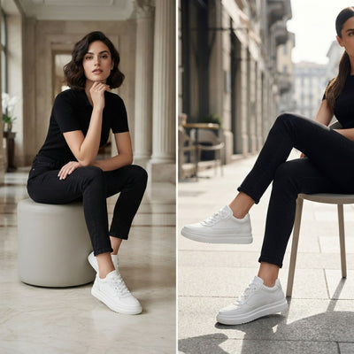 FORCIANO AVERY white women’s platform sneakers shown in a seated lifestyle scene for women, featuring premium leather uppers and raised white soles.