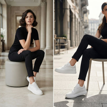 FORCIANO AVERY white women’s platform sneakers shown in a seated lifestyle scene for women, featuring premium leather uppers and raised white soles.