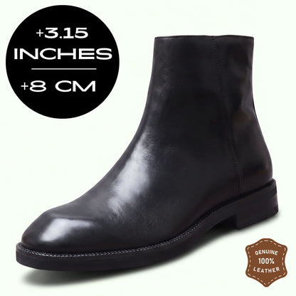 FORCIANO BELLANO black Elevator Boots in genuine leather shown from a front angle with an 8 cm / 3.15 inches height graphic and genuine leather badge.