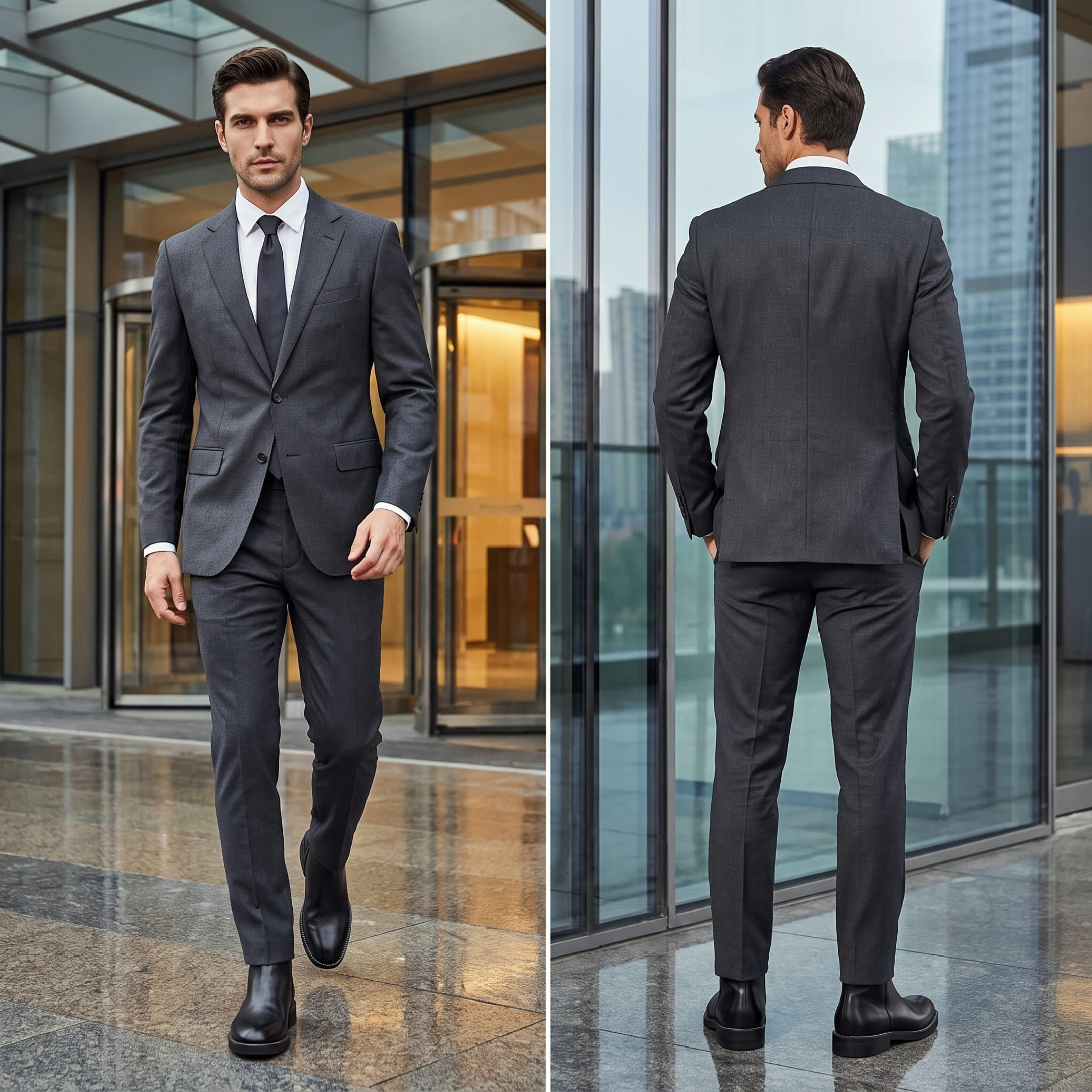 FORCIANO BELLANO black Elevator Boots in genuine leather shown worn with a dark suit in front and rear formal lifestyle views.