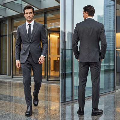FORCIANO BELLANO black Elevator Boots in genuine leather shown worn with a dark suit in front and rear formal lifestyle views.