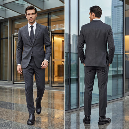 FORCIANO BELLANO black Elevator Boots in genuine leather shown worn with a dark suit in front and rear formal lifestyle views.