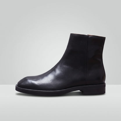 FORCIANO BELLANO black Elevator Boots with a genuine leather upper shown from a full side profile with low heel and ankle-height design.
