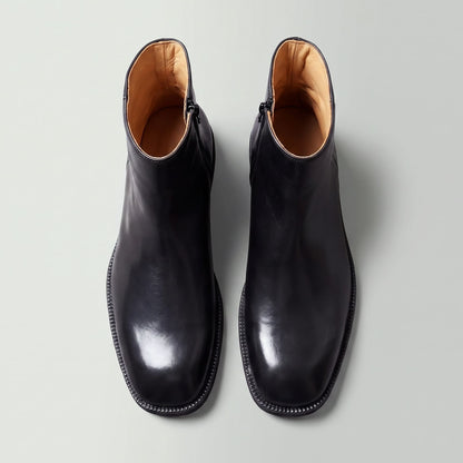 FORCIANO BELLANO black Elevator Boots with genuine leather uppers shown as a pair from above with the tan interiors visible.