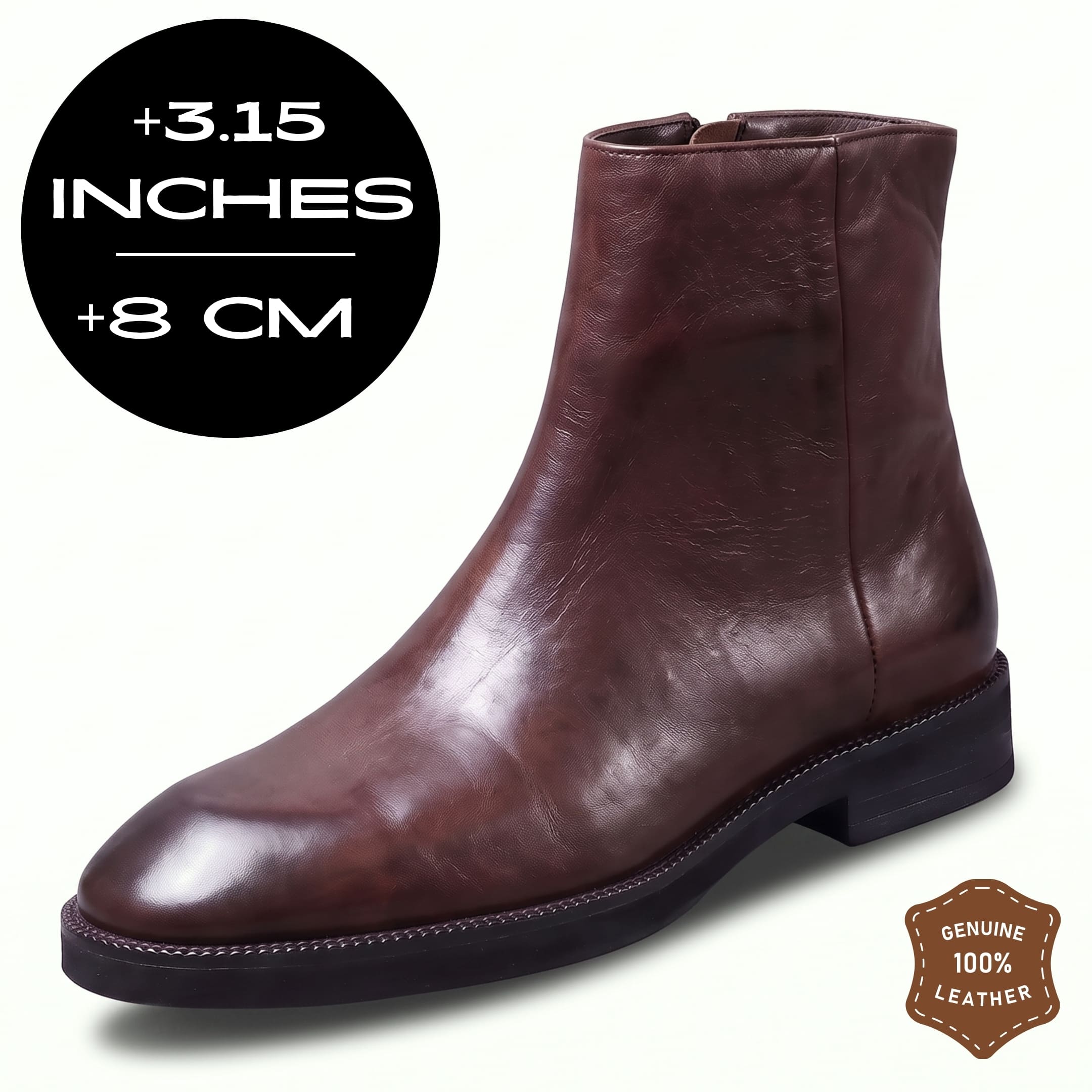 FORCIANO BELLANO brown Elevator Boots in genuine leather shown from a front angle with an 8 cm / 3.15 inches height graphic and genuine leather badge.