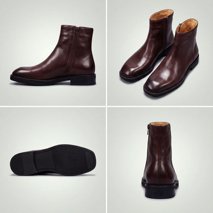 FORCIANO BELLANO brown Elevator Boots with genuine leather uppers shown in a multi-view collage with side, pair, outsole, and rear views.
