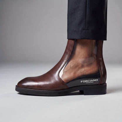 FORCIANO BELLANO brown Elevator Boots in genuine leather shown worn on foot with a transparent cutaway revealing the internal lift position.