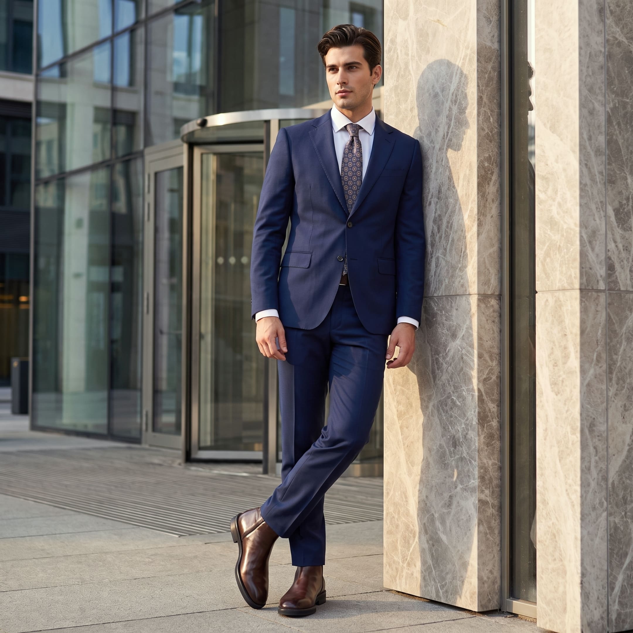FORCIANO BELLANO brown Elevator Boots with genuine leather uppers shown worn with a blue suit in a formal outdoor lifestyle setting.