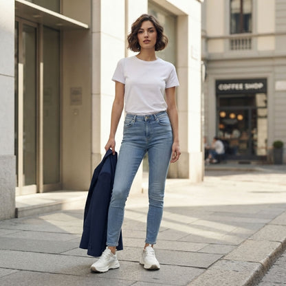 Woman wearing FORCIANO BELLE beige white sneakers for women while walking in a city setting, showing the shoes with a casual everyday outfit.