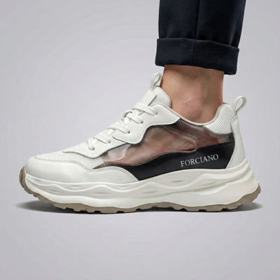 FORCIANO BELLE height increasing sneakers for women in beige white, shown on foot with a transparent side cutaway revealing the internal lift.
