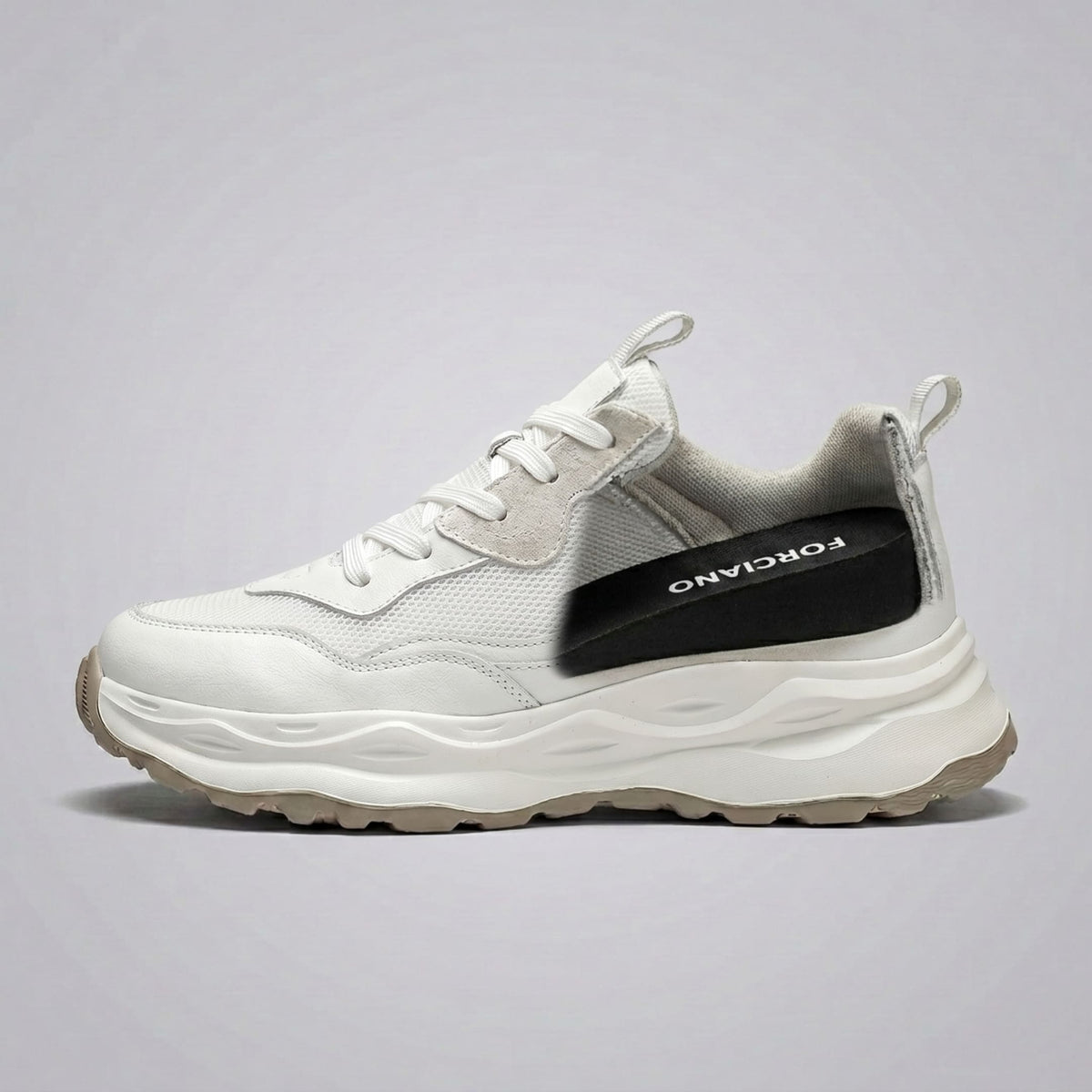 FORCIANO BELLE beige white height increasing sneakers for women in side profile with the internal lift section visibly exposed.
