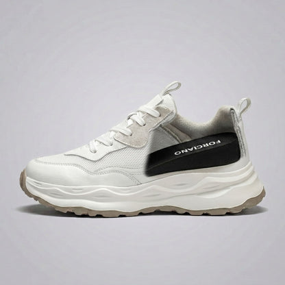 FORCIANO BELLE beige white height increasing sneakers for women in side profile with the internal lift section visibly exposed.