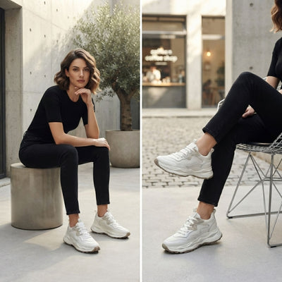 Women wearing FORCIANO BELLE beige white sneakers in a two-panel seated lifestyle scene, showing the shoes from casual front and side angles.