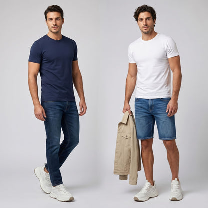 FORCIANO BELLUNO beige white elevator sneakers with premium leather upper, worn with casual outfits in two full-length model views.
