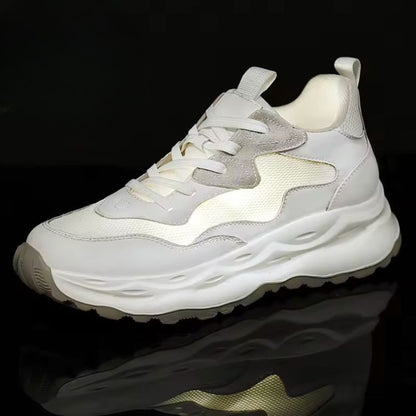 FORCIANO BELLUNO beige white height increasing sneaker with premium leather upper, shown brightly illuminated against a dark background.
