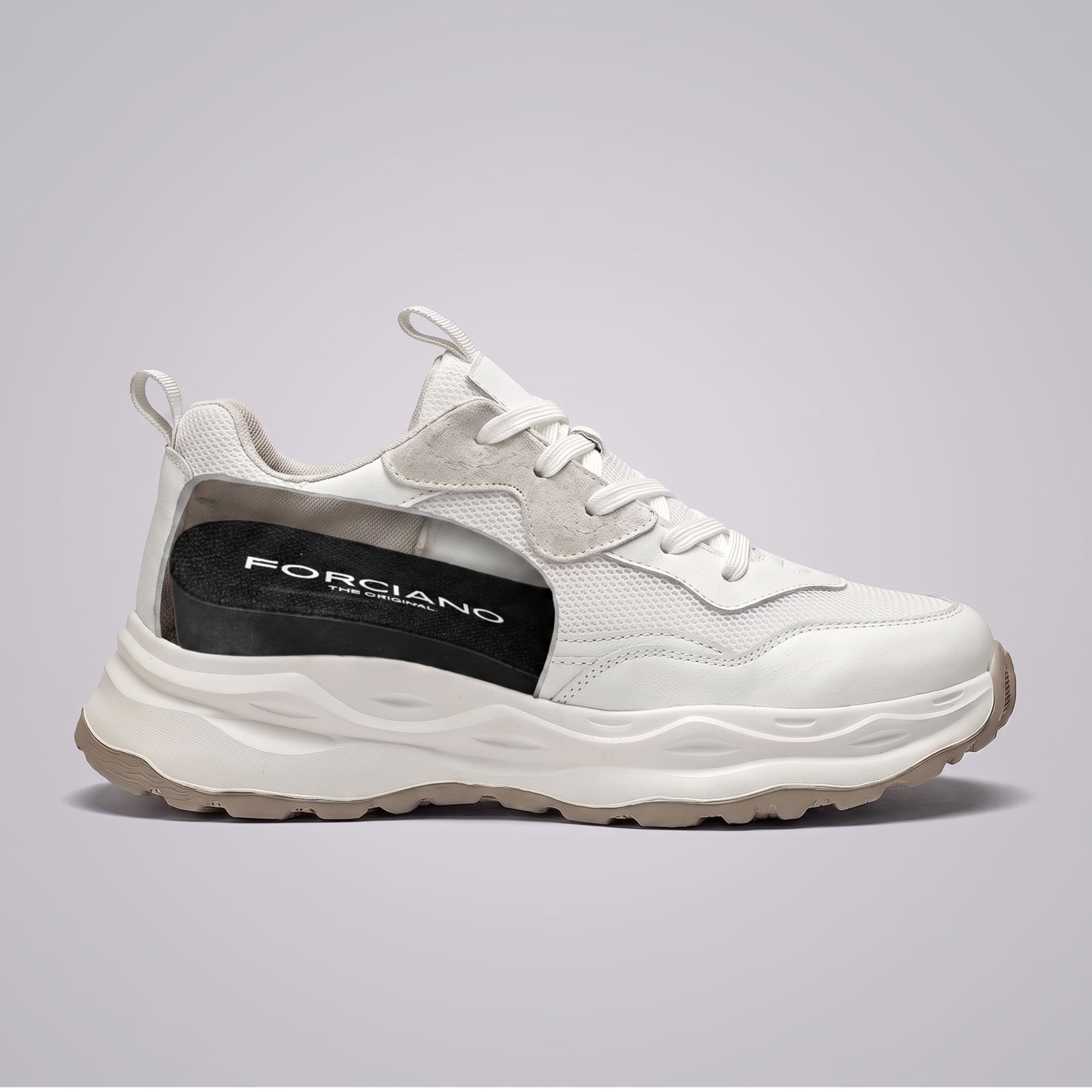 FORCIANO BELLUNO beige white height increasing sneaker with premium leather upper, side cutaway showing the internal lift structure.