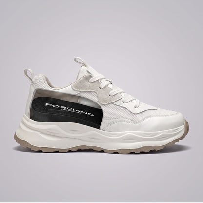 FORCIANO BELLUNO beige white height increasing sneaker with premium leather upper, side cutaway showing the internal lift structure.