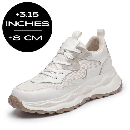 FORCIANO BELLUNO beige white height increasing sneakers with premium leather upper, front three-quarter view with 8 cm / 3.15" height graphic.